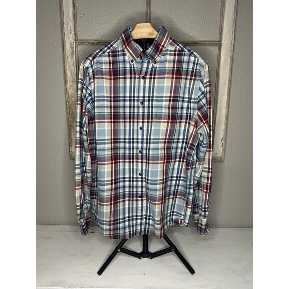 Merona Mens Flannel Shirt Sz Med. Button Down Cotton Long Sleeve Blue Red Tan - Picture 1 of 11